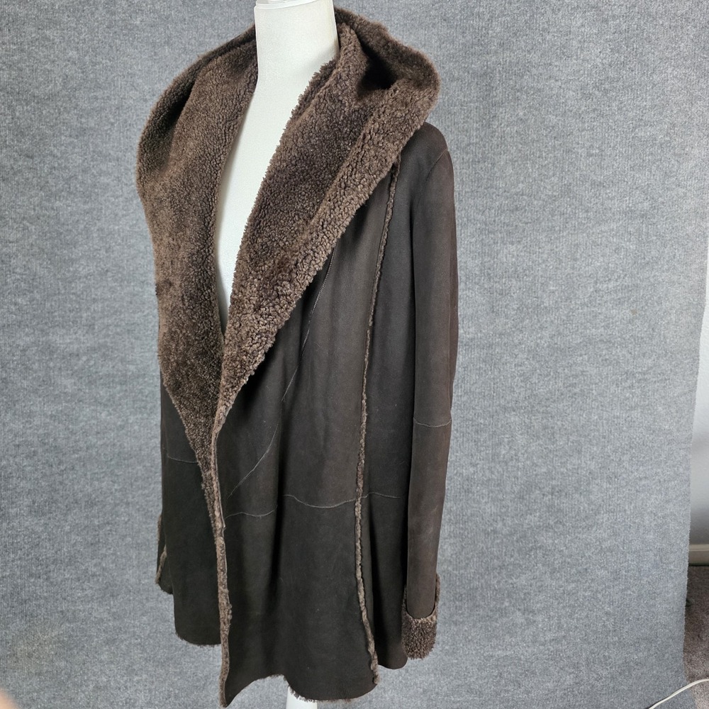 Vince M Shearling Leather Coat Spanish Merino Lamb Wool Brown Suede Hooded - Picture 5 of 13